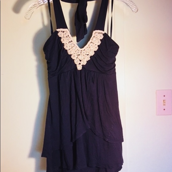 Elegant Navy Blue Halter Top with Pearl Beading - Picture 2 of 7